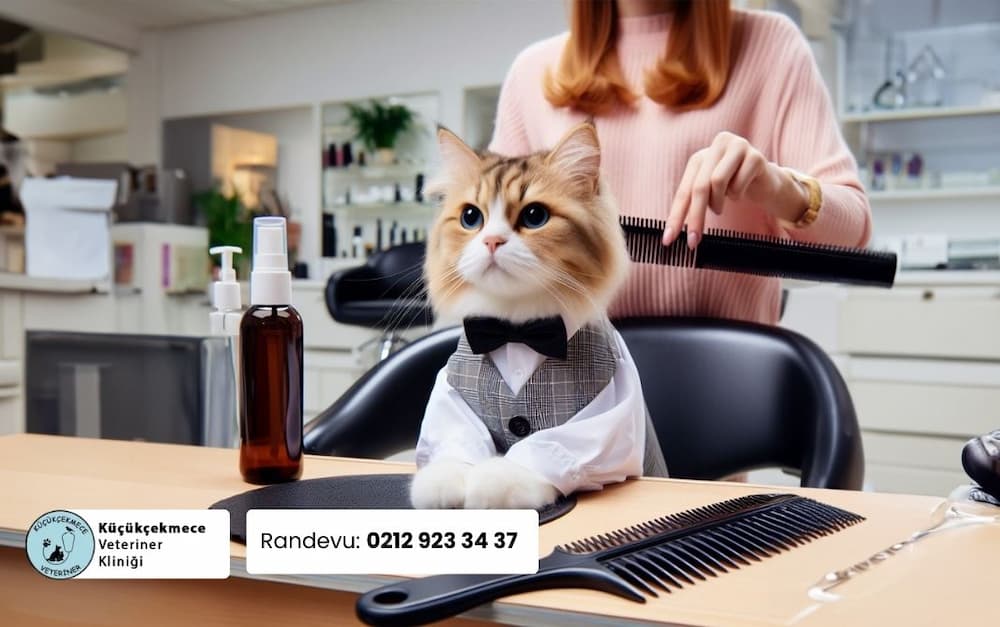 Pet Kuaförlük hizmeti sonrası şık şekilde masa oturan kedi.